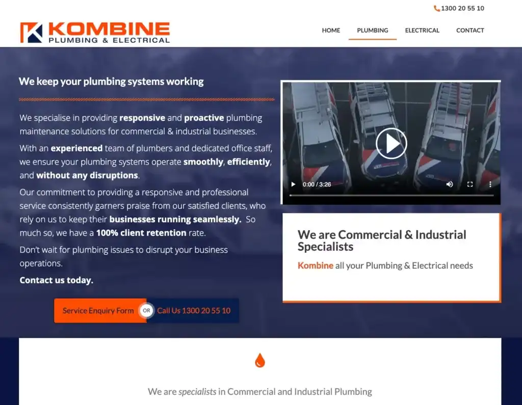 Screenshot of a plumbing and electrical service website designed by a top-notch website design service. The header features the company's logo "Kombine Plumbing & Electrical," a navigation menu, and a contact number. Below is a video thumbnail, text about their services, a call-to-action button, and a section titled "We are Commercial & Industrial Specialists. Opdee Digital Marketing