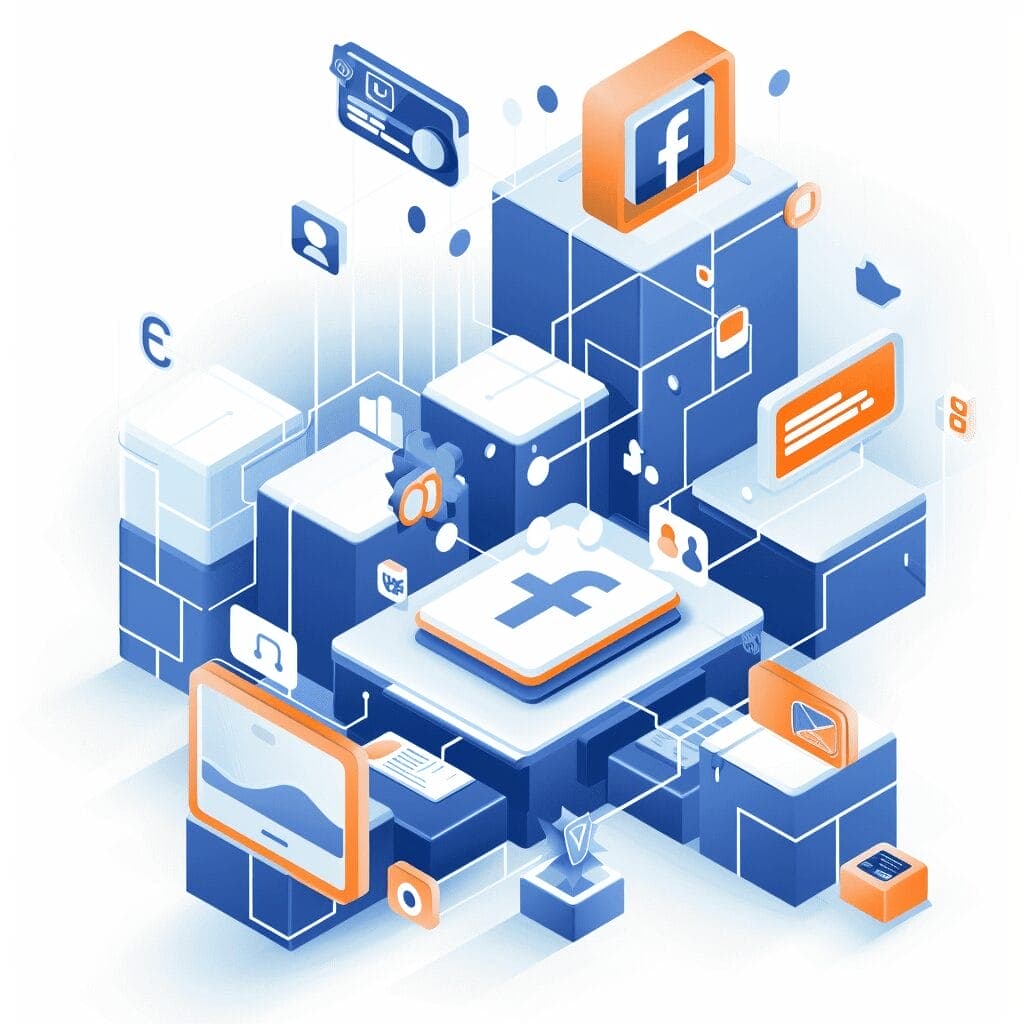 A digital illustration featuring a complex arrangement of 3D geometric shapes and icons representing various forms of media and social networking. Prominent among them is the logo of a popular social media platform, interconnected with various digital elements, symbols, and hints of Google Ads. Opdee Digital Marketing