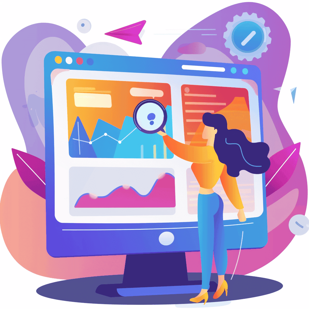 An illustration of a woman analyzing data on a large computer screen filled with colorful graphs and charts. The background, inspired by a digital marketing agency setting, is filled with abstract shapes and elements, highlighting a modern and dynamic data analysis scene. Opdee Digital Marketing