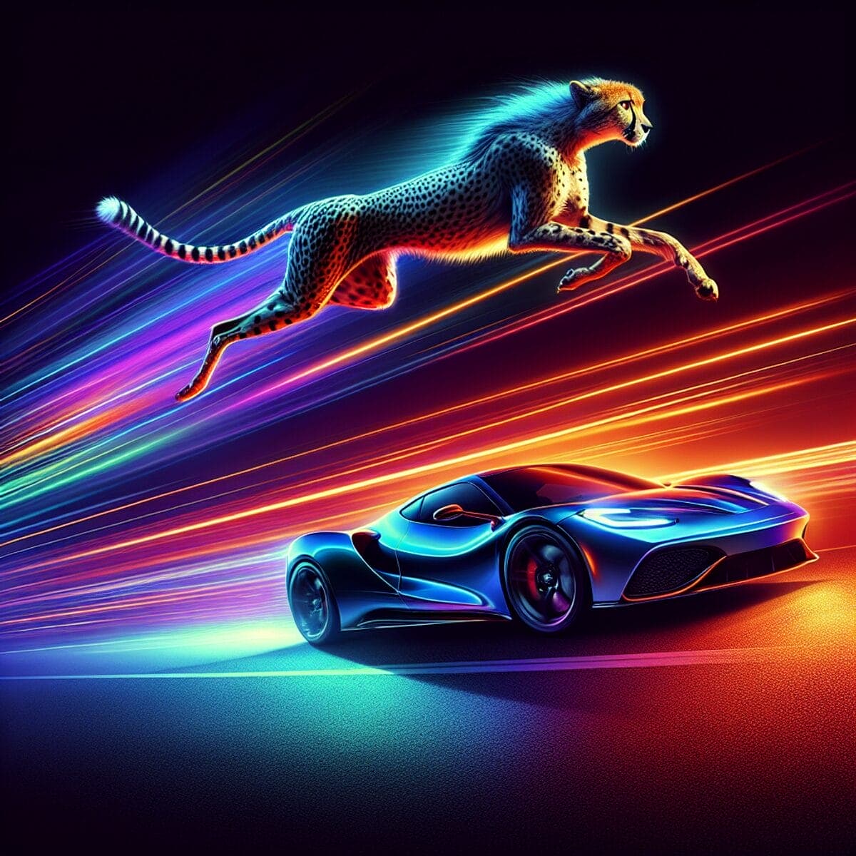 A sleek sports car speeds down the open road, leaving a trail of light behind it, while a powerful cheetah sprints indicating a fast website.