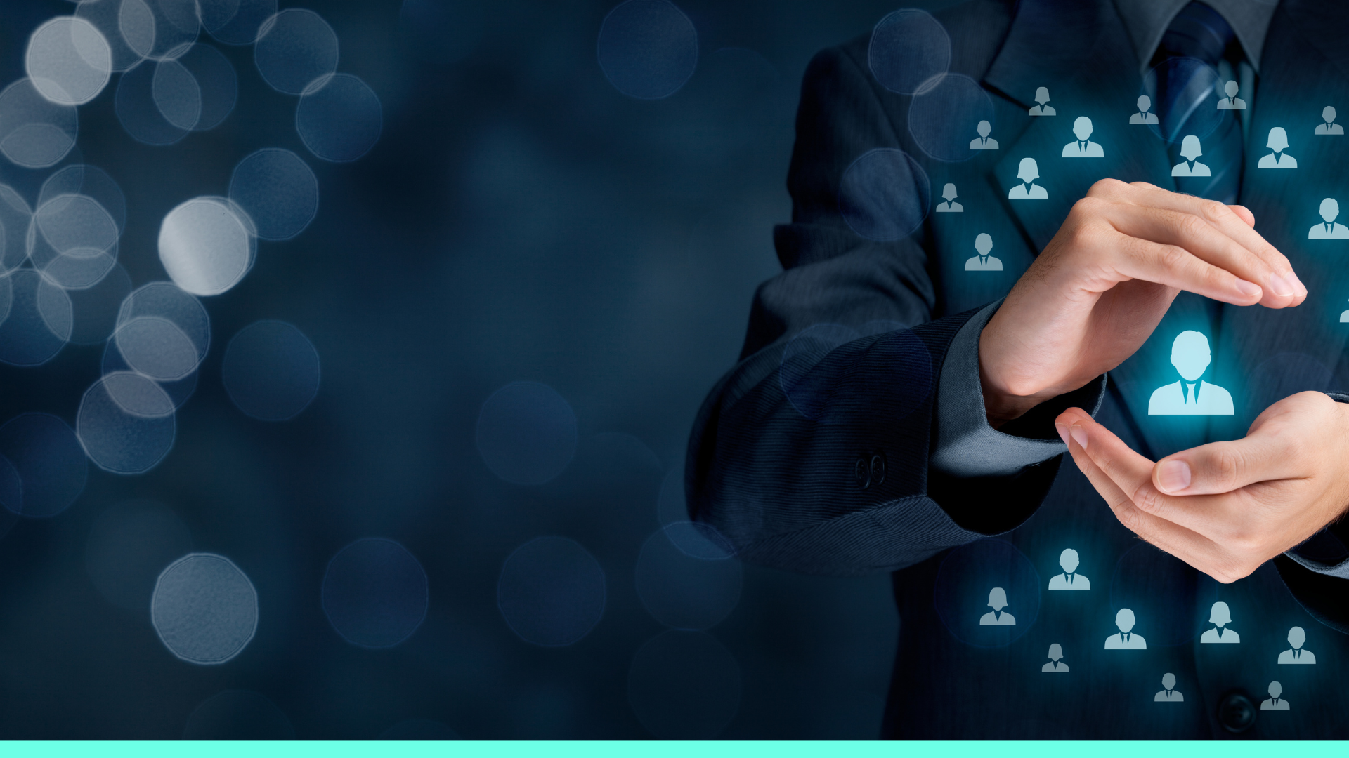 A person in a suit holds their hands around a glowing user icon, surrounded by smaller icons on a dark, blurred background, symbolizing talent management or human resources—ideal for illustrating social media strategy in HR. Opdee Digital Marketing