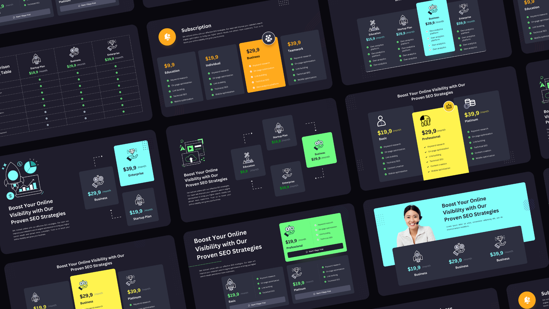 Multiple digital dashboard UI cards display pricing plans, subscription options, charts, SEO strategies, sustaining social media efforts, and feature lists in a modern dark theme with bright accents. One card features a smiling woman next to a service promotion. Opdee Digital Marketing