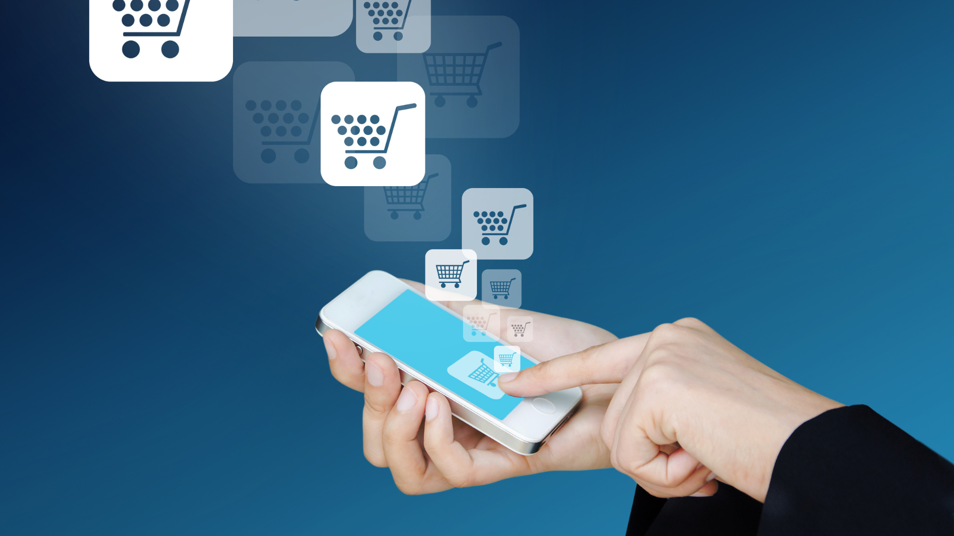 A person uses a smartphone with floating shopping cart icons, symbolizing online shopping or mobile e-commerce, against a blue background—perfect for illustrating social media strategy or scaling social media in digital business. Opdee Digital Marketing
