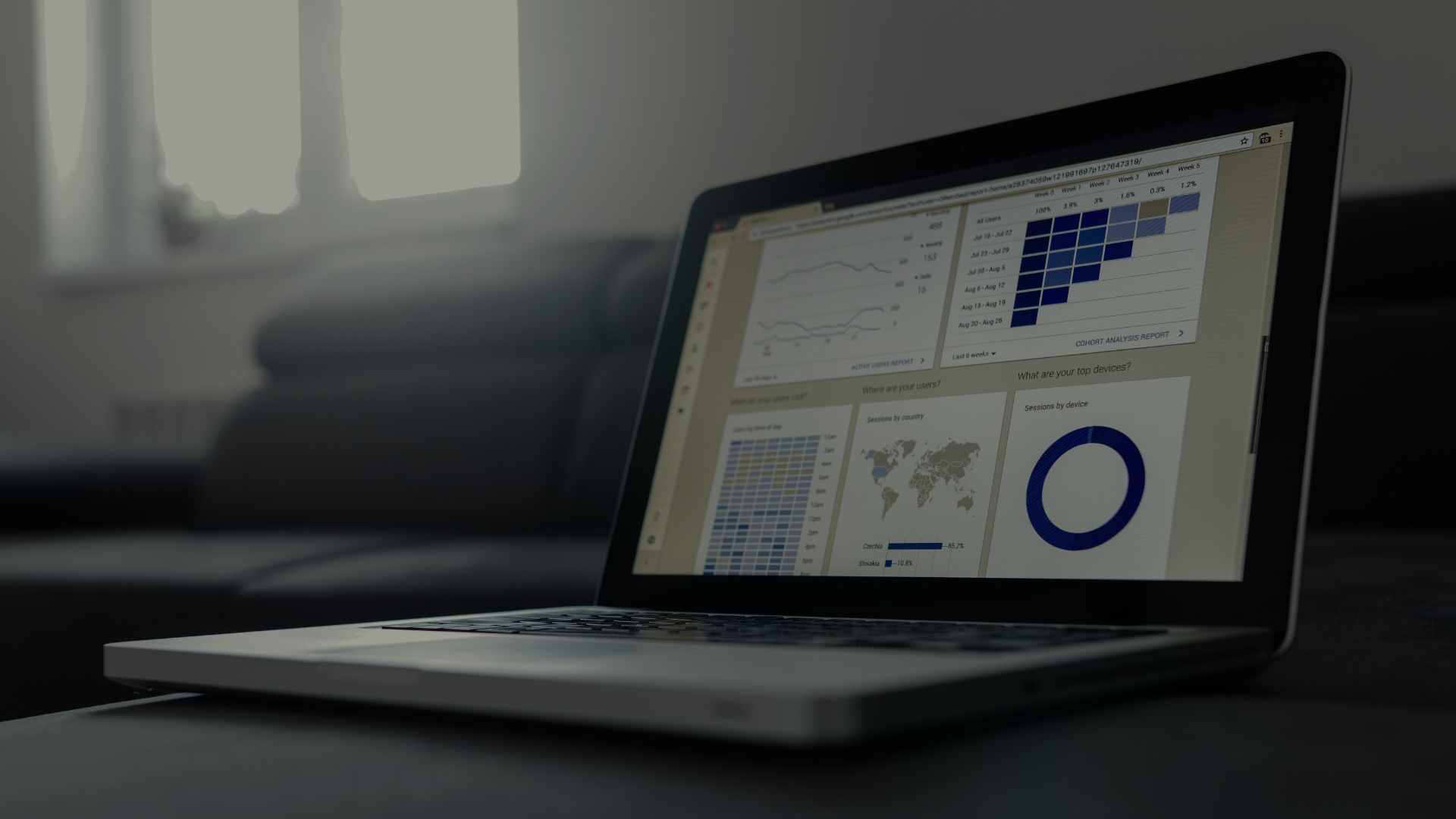A laptop on a dark couch displays data dashboards with charts, maps, and graphs—ideal for analyzing and scaling social media strategy. The room is dimly lit, with a window in the background adding to the focused workspace atmosphere. Opdee Digital Marketing