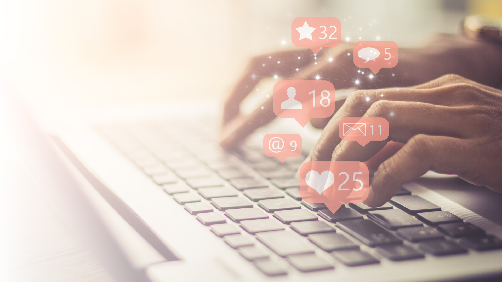 Close-up of hands typing on a laptop keyboard, with social media notification icons for likes, followers, comments, and messages appearing above the keys—perfect for illustrating a scaling social media strategy. Opdee Digital Marketing