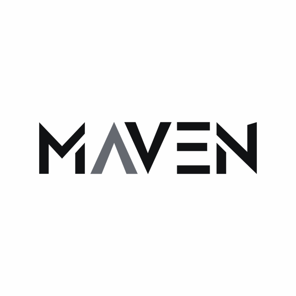 The image shows the word "MAVEN" in a modern, bold, geometric font. The "A" is gray and stylized as an upside-down "V," while the other letters are black. The background is white. Opdee Digital Marketing