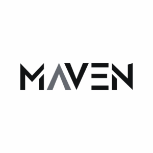 The image shows the word "MAVEN" in a modern, bold, geometric font. The "A" is gray and stylized as an upside-down "V," while the other letters are black. The background is white. Opdee Digital Marketing