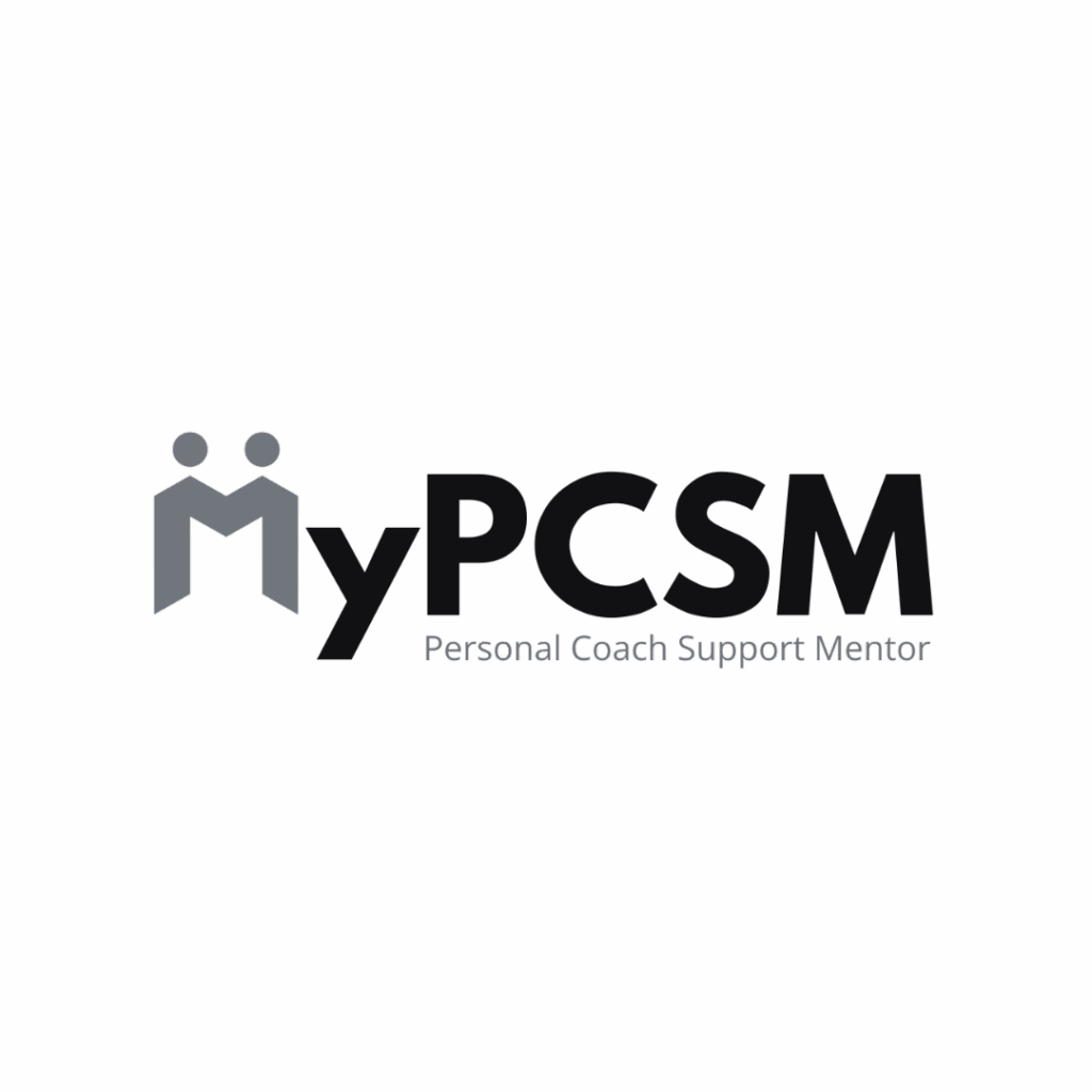 Logo for "MyPCSM" with two stylized figures forming the letter "M" in "My." The text "Personal Coach Support Mentor" appears below the bold "PCSM" letters. The design uses black and gray tones. Opdee Digital Marketing