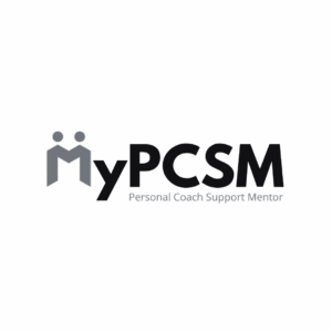 Logo for "MyPCSM" with two stylized figures forming the letter "M" in "My." The text "Personal Coach Support Mentor" appears below the bold "PCSM" letters. The design uses black and gray tones. Opdee Digital Marketing
