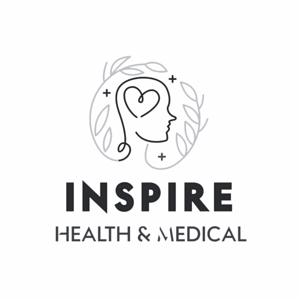 Logo for Inspire Health & Medical featuring a line drawing of a human profile with a stethoscope forming a heart, surrounded by laurel branches, and the business name written below in bold and regular text. Opdee Digital Marketing