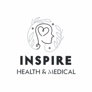Logo for Inspire Health & Medical featuring a line drawing of a human profile with a stethoscope forming a heart, surrounded by laurel branches, and the business name written below in bold and regular text. Opdee Digital Marketing