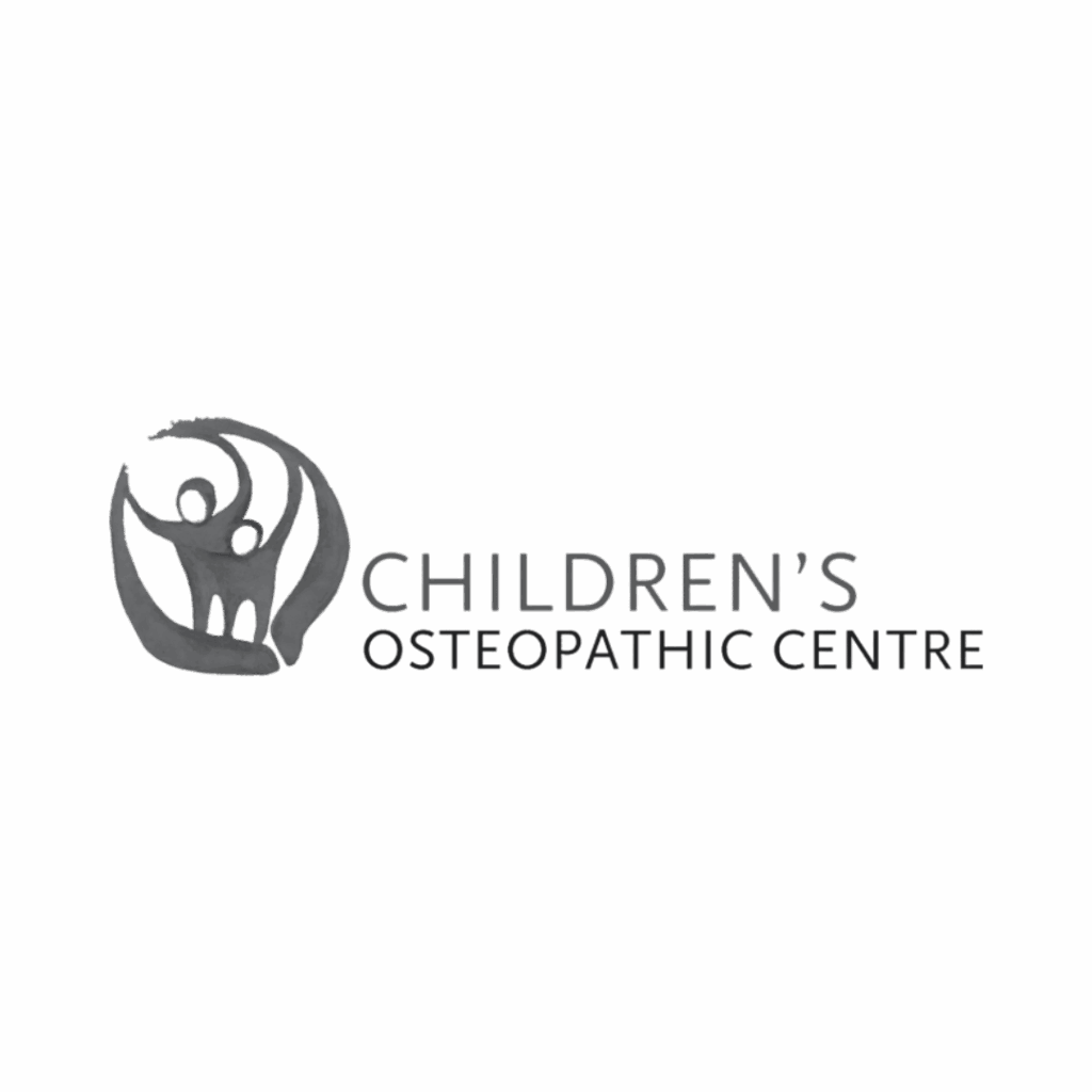 Logo for Children's Osteopathic Centre with abstract figures of an adult lifting a child inside a crescent shape, next to the centre's name in bold, uppercase text. Opdee Digital Marketing