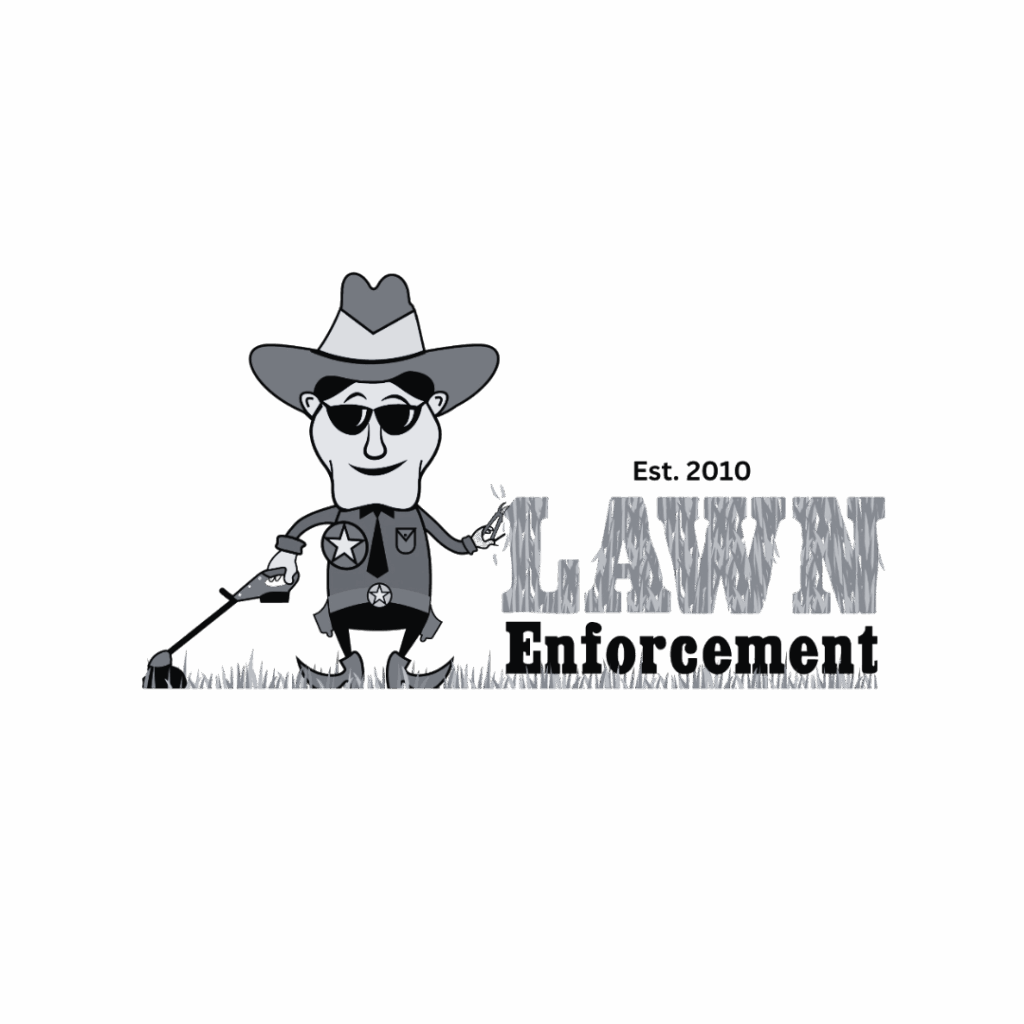 Cartoon sheriff in sunglasses and a cowboy hat holding a rake and hedge clippers, standing on grass. Text reads "Est. 2010 LAWN Enforcement" with “LAWN” in large, textured letters. Opdee Digital Marketing