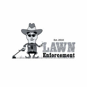 Cartoon sheriff in sunglasses and a cowboy hat holding a rake and hedge clippers, standing on grass. Text reads "Est. 2010 LAWN Enforcement" with “LAWN” in large, textured letters. Opdee Digital Marketing