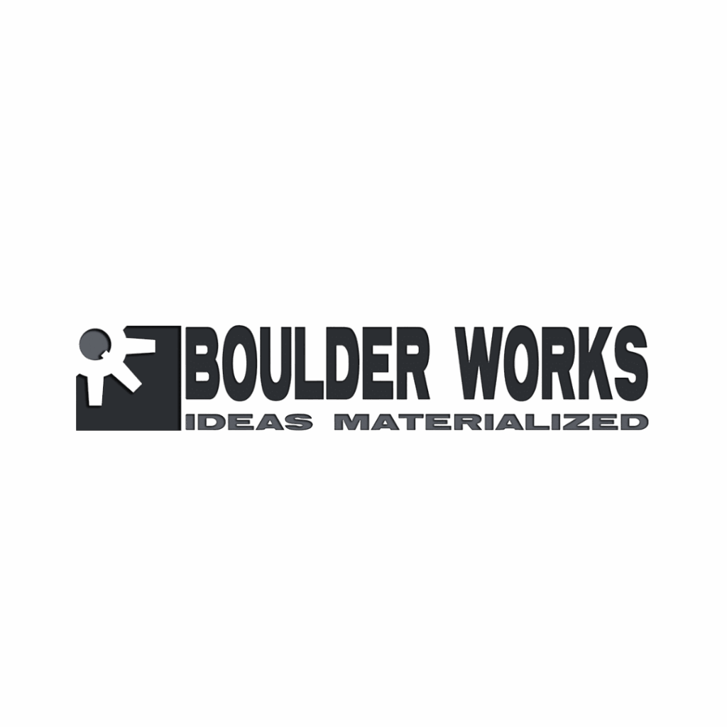 Logo with a stylized figure pushing a square block, next to the text "BOULDER WORKS" above the tagline "IDEAS MATERIALIZED," all in dark, bold letters on a black background. Opdee Digital Marketing