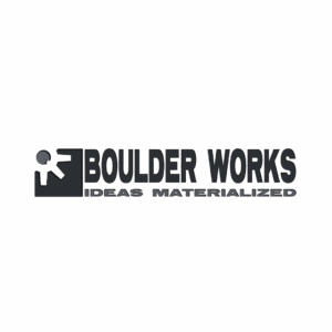 Logo with a stylized figure pushing a square block, next to the text "BOULDER WORKS" above the tagline "IDEAS MATERIALIZED," all in dark, bold letters on a black background. Opdee Digital Marketing