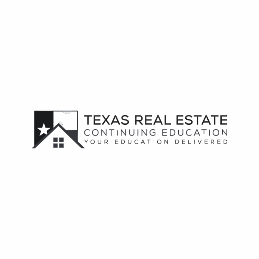 Logo with a house, roof, and Texas flag icon on the left. Text reads "Texas Real Estate Continuing Education - Your Education Delivered" in black and gray font on a transparent background. Opdee Digital Marketing