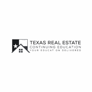 Logo with a house, roof, and Texas flag icon on the left. Text reads "Texas Real Estate Continuing Education - Your Education Delivered" in black and gray font on a transparent background. Opdee Digital Marketing