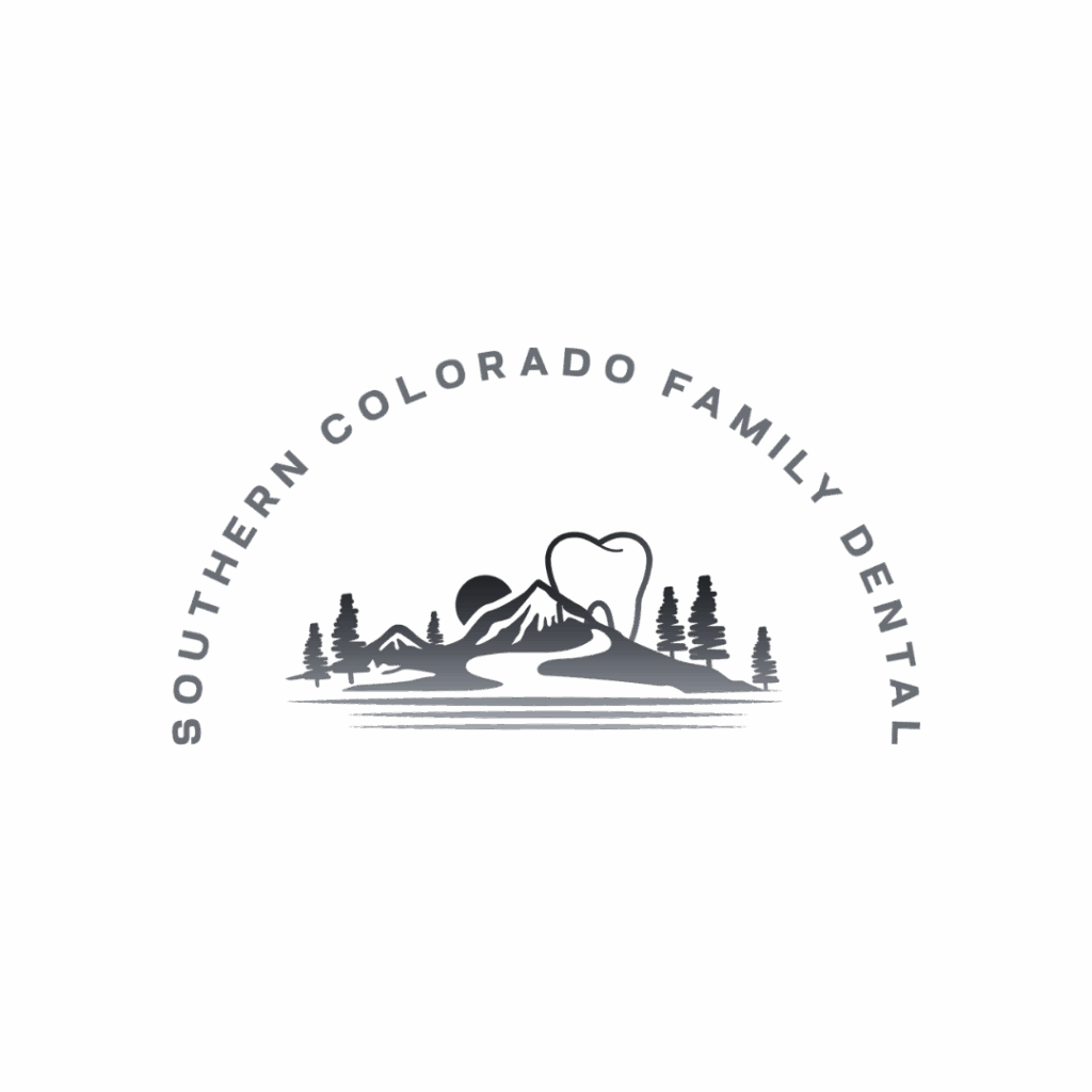A logo for Southern Colorado Family Dental featuring mountains, trees, and a river, with the outline of a tooth integrated into the mountain landscape. Text curves above the image reading "Southern Colorado Family Dental. Opdee Digital Marketing