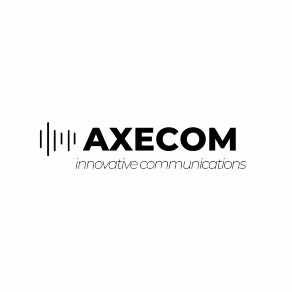 Black and white logo for AXECOM featuring three vertical bars and the word "AXECOM" in bold uppercase letters; below it, the tagline "Innovative communications" appears in smaller, lighter text. Opdee Digital Marketing