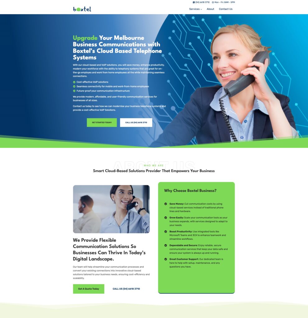 A business website promoting cloud-based telephone systems, featuring two professional women on phones, blue and green design elements, service benefits, and contact options at the top. Opdee Digital Marketing