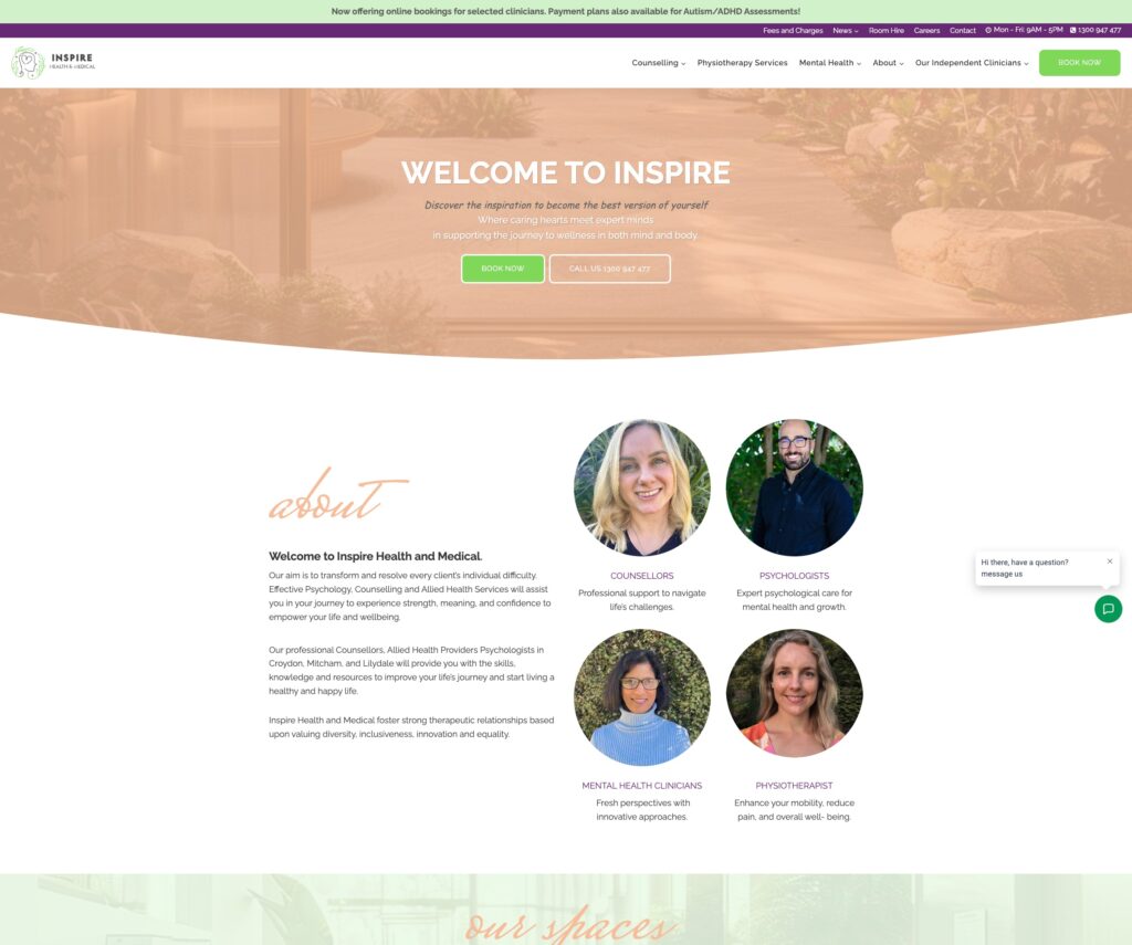 Screenshot of the Inspire Health & Medical website homepage, featuring a welcome message, navigation menu, introductory text about their services, and circular photos of four staff members with their roles listed below. Opdee Digital Marketing