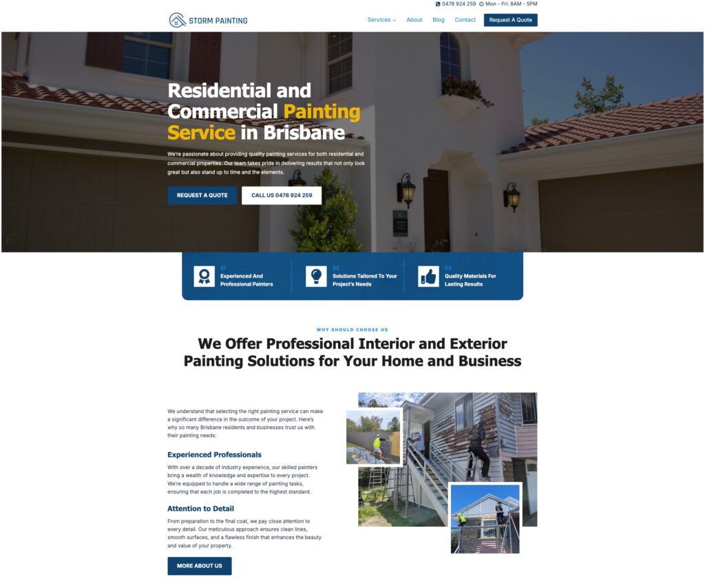 Screenshot of a painting service website showing a house exterior, contact buttons, and text promoting residential and commercial painting in Brisbane. Lower section highlights professional services with images of painters and customer service badges. Opdee Digital Marketing