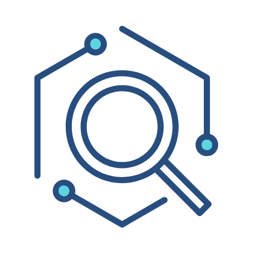 A blue magnifying glass icon is centered within a hexagonal outline, ideal for a Branding Agent Kit. Three dots on the hexagon's corners are connected by lines, symbolizing connectivity and modern branding solutions. Opdee Digital Marketing