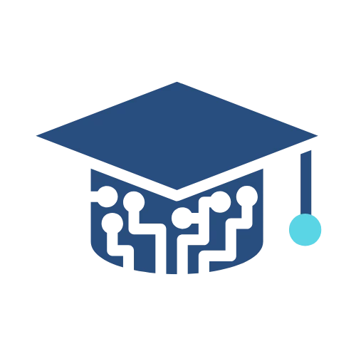 A blue graduation cap with a tassel, featuring a circuit board pattern on the base, represents the intersection of technology and education—a perfect icon for a Branding Agent Kit focused on modern educational branding. Opdee Digital Marketing