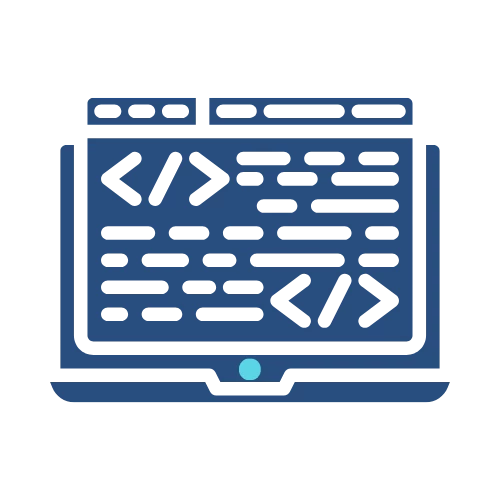 Icon of a laptop displaying a screen with code symbols and lines, representing programming, software development, and the digital expertise behind any successful Branding Agent Kit (BAK). Opdee Digital Marketing
