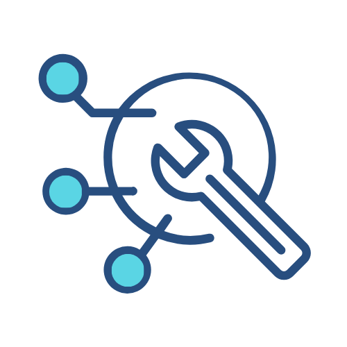 Blue outline of a wrench over a circle connected to three smaller blue circles by lines, symbolizing technical tools, settings, or system configuration—ideal for representing a Full Branding solution or components of the Branding Agent Kit (BAK). Opdee Digital Marketing