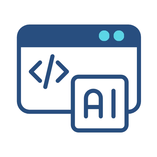 Icon of a web browser window with a code symbol and an overlapping square labeled "AI," representing artificial intelligence in coding or programming—ideal for use in a Branding Agent Kit to enhance modern branding solutions. Opdee Digital Marketing