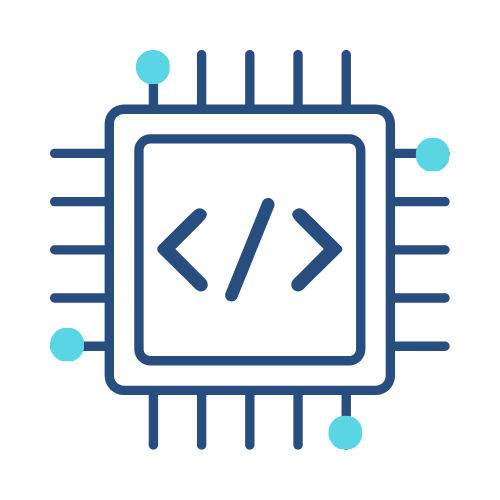 A blue computer chip icon with coding brackets ("<" and ">") in the center and blue circles on the corners, symbolizing digital technology, programming, and modern branding for any agent kit. Opdee Digital Marketing