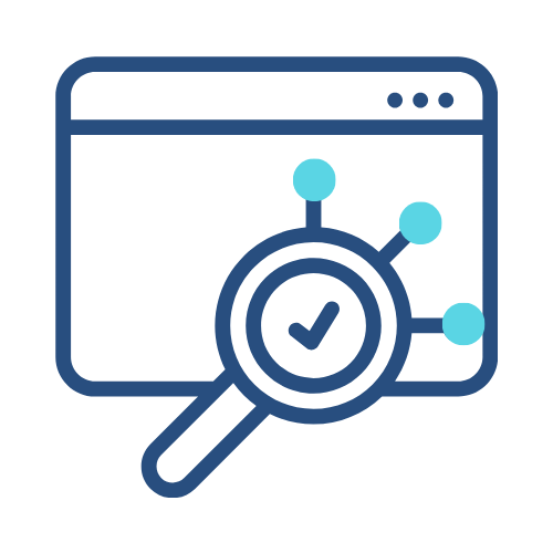 A blue outline of a web browser window with a magnifying glass in front, displaying a checkmark and three connecting blue dots—symbolizing search, analysis, or verification—ideal for use in a Branding Agent Kit. Opdee Digital Marketing