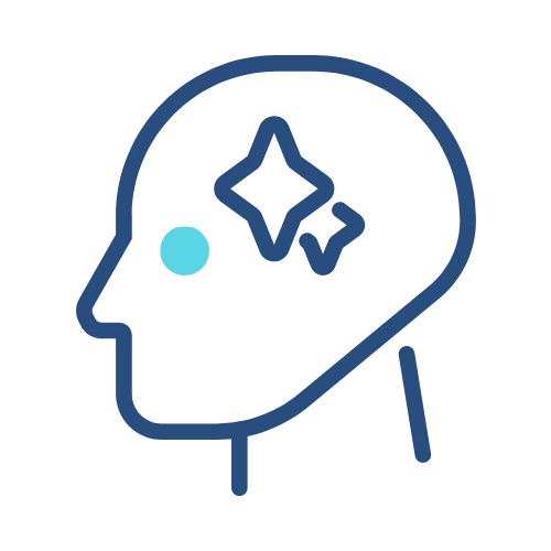 Simple outline of a human head in blue, with two sparkle shapes inside the brain area and a light blue dot on the cheek, symbolizing mental clarity or positive thinking—perfect for BAK or full branding projects. Opdee Digital Marketing