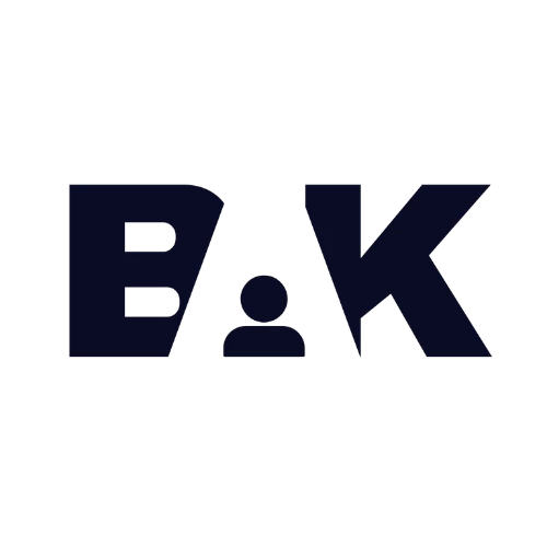 The image shows the letters "B" and "K" in bold black font, with a small black circle and a horizontal rectangle between them, forming a stylized person. This logo-like design is ideal for a Branding Agent Kit on a transparent background. Opdee Digital Marketing