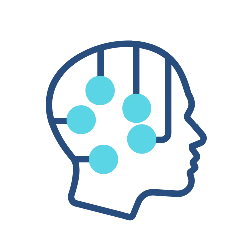Outline of a human head in profile with six blue circles connected inside, symbolizing artificial intelligence or brain activity ideal for a Branding Agent Kit (BAK) or any branding kit focused on innovation and technology. Opdee Digital Marketing