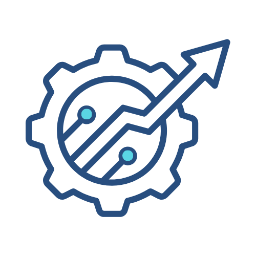 A blue gear with an upward-pointing arrow crossing through it and two small blue circles inside, symbolizing progress, growth, or optimization in technology or engineering—ideal for a Branding Agent Kit. Opdee Digital Marketing
