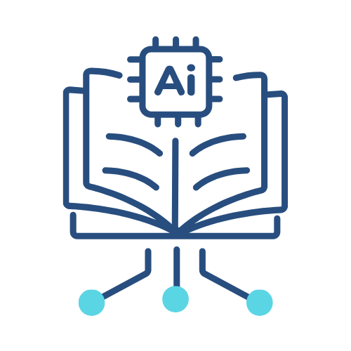 Line drawing of an open book with a microchip labeled "AI" above it and three connected nodes below, symbolizing artificial intelligence, knowledge, and learning—perfect for representing the Branding Agent Kit (BAK) or a modern Branding Kit. Opdee Digital Marketing
