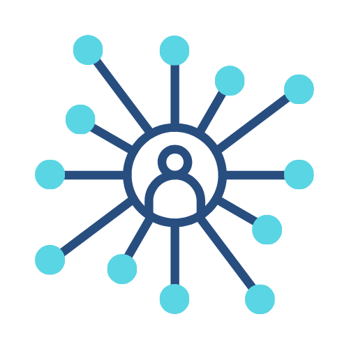 A central person icon surrounded by a circle, with lines connecting to multiple blue dots, symbolizing a Branding Agent Kit focused on building strong networks and professional connections. Opdee Digital Marketing