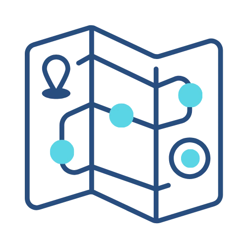 A simple blue icon of a folded map with three connected light blue dots, a location pin on the left, and a target symbol on the right—ideal for navigation or travel route graphics in your Branding Agent Kit (BAK) or full branding projects. Opdee Digital Marketing
