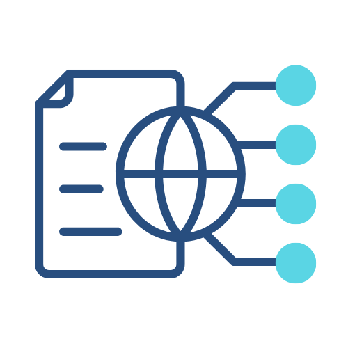 A blue outline icon showing a document on the left, a globe in the center, and four connected blue dots on the right, representing global data sharing or information distribution for Branding Agent Kit (BAK) solutions. Opdee Digital Marketing