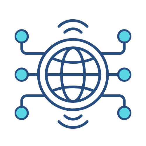 A digital icon of a globe at the center with six blue connected nodes and curved signal lines, symbolizing global connectivity—perfect for any branding kit or agent branding focused on the internet of things. Opdee Digital Marketing