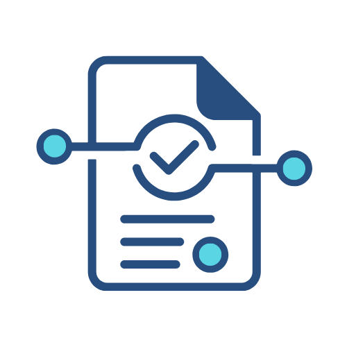 An icon of a document with a check mark in the center, connected by lines to two dots on either side, symbolizing verification or approval of information a perfect fit for the BAK (Branding Agent Kit). Opdee Digital Marketing