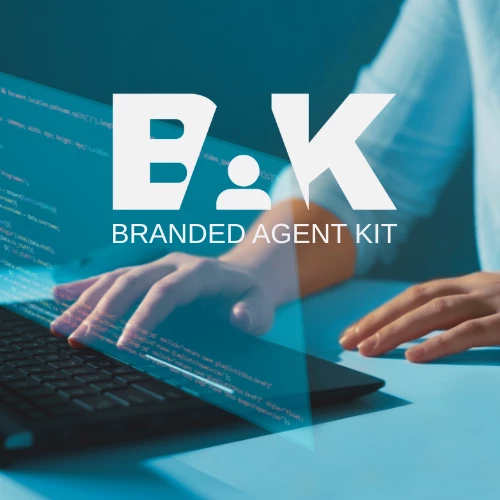 A person types on a laptop displaying computer code. Overlaid is a white "BAK" logo and the text "Branded Agent Kit," highlighting the power of an Agent Kit for effective branding. The image features a blue background. Opdee Digital Marketing