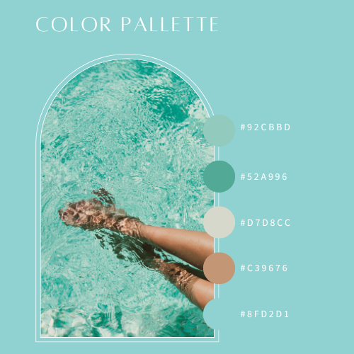 A creative color palette image with water and legs submerged, featuring five swatches—teal, green, cream, tan, and light blue—on a turquoise background. Perfect for visual design inspiration or your next brand kit. Opdee Digital Marketing