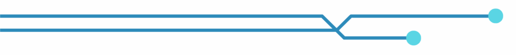A blue line splits into two branches, each ending in a blue circle. Like AI Trainings and AI Workshops, the upper branch continues straight while the lower branch angles downward before ending in a circle. The background is black. Opdee Digital Marketing