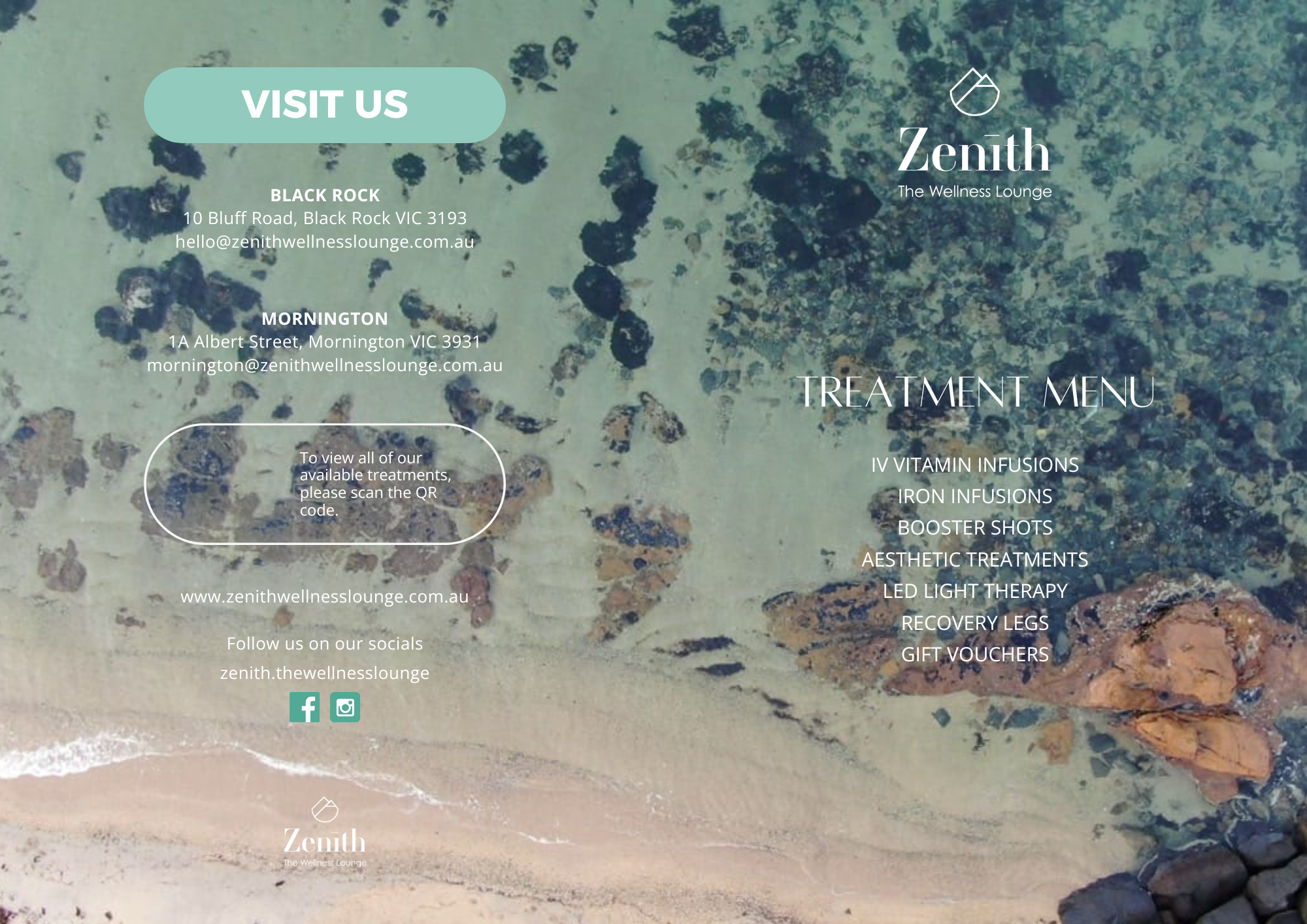 Aerial view of ocean waves washing onto sandy shore with large rocks. Creative Visual Design elements highlight Zenith Wellness Lounge’s contact info, treatment menu, and "Visit Us" button. A QR code links to all treatments. Brand Kit details subtly included. Opdee Digital Marketing