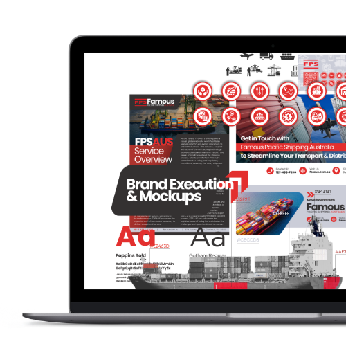 A laptop screen displays a creative graphic design presentation with text, icons, images of ships and containers, and Brand Kit elements for a shipping and logistics company called FPSAUS. Opdee Digital Marketing