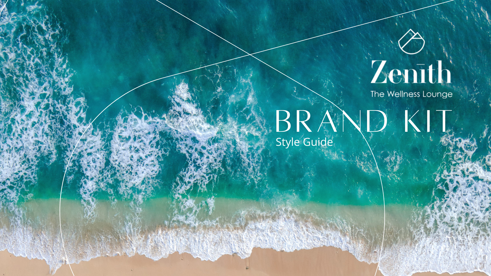 Aerial view of ocean waves meeting a sandy shore with the text “Zenith The Wellness Lounge Brand Kit Style Guide” and a simple logo in the top right. Creative visual design is enhanced by white lines forming curved shapes across the image. Opdee Digital Marketing